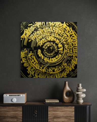 „Golden Spiral Voices“ – Zeitgenössisches Acryl-Gemälde mit kalligrafischer Spiral-Komposition